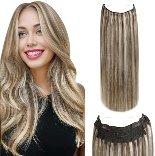 LaaVoo Invisible Secret Wire Extensions Echtaar Braun Blond Extensions Echthaar mit Draht P8/60 Highlights Hellbraun Hellblond 80g Fish Line Haarverlängerung Echthaar Glatt #P8/60 45cm