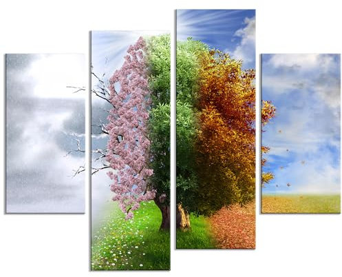 decomonkey - Impression sur Toile Intissé Arbre Quatre Saisons 126x98 4 Pièces - Tableau Décoration Appartement Cadre en Bois Photo Déco Salon Peinture sur Toile Maison
