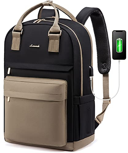 LOVEVOOK Rucksack Damen, 17 Zoll Laptop Rucksack Schulrucksack Mädchen Teenager mit Laptopfach, Wasserdichter Schultasche Daypack für Schule Uni Reisen Arbeit, Khaki Schwarz