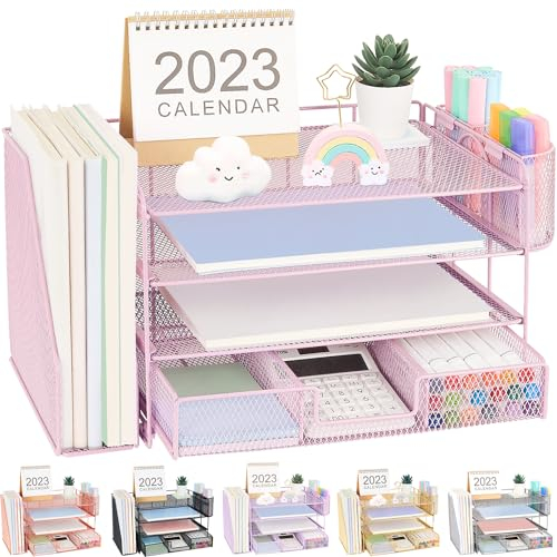 OPNICE Elegant Schreibtisch-Organizer, 4-stöckiger Papier-Organizer mit 2 Stifthaltern, Rosa
