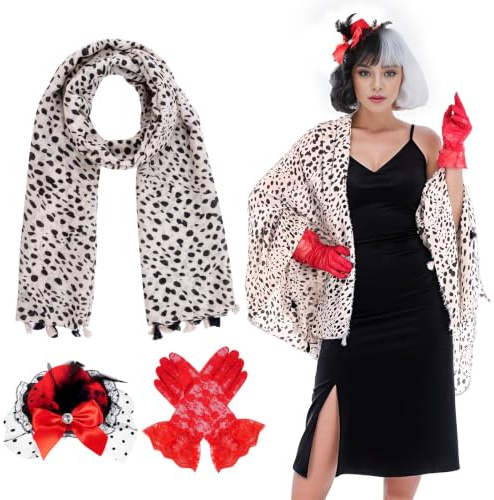 tiggell Dalmatiner-Kostüm, Schwarz und Weiß, Anime-Verkleidung, Schal, Spitzenhandschuhe, Zylinderhut, Haarspange, Teufelskostüm für Halloween, Cosplay, 3 Stück