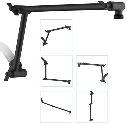 PDPBath Duschkopf-Verlängerungsarm aus Messing, 40,6 cm, flexibel, Höhe und Winkel, verstellbar, mit Verriegelungsgelenken, für festen Duschkopf & Handbrause, Mattschwarz