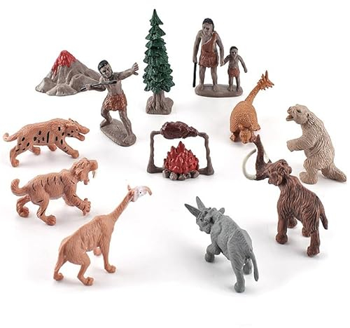 Bekecidi 12 Stück Spielzeugset mit Primitiven Menschlichen Modellen und Mini Dschungeltieren Höhlenmensch Figuren Emulation Primitives Modell für Kinder und Erwachsene Wissenschaftliches Lernspiel