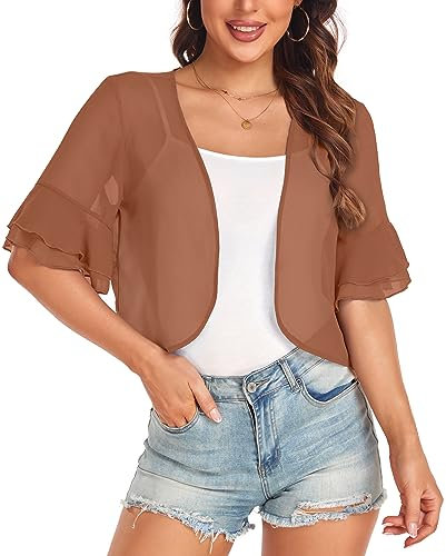 Frauen Shrug Chiffon Cardigans Open Front Kurzarm Bolero für Abend Elegant, Karamellfarben / Braun, Klein
