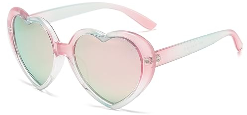 YUELUQU Herz Sonnenbrille Damen Herren Polarisierte 90er Vintage Festival accessoires Party brille (Farbverlauf Rosa Grün-Spiegel pink)