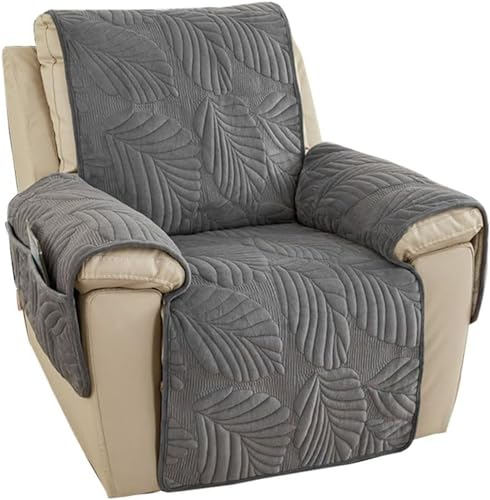 FANSU Housse de Fauteuil Relax Extensible 1 Places, Feuille Peluche Courte Housse de Fauteuil Relax Inclinable Electrique, avec Poches et Élastique Housse de Canapé Antidérapante