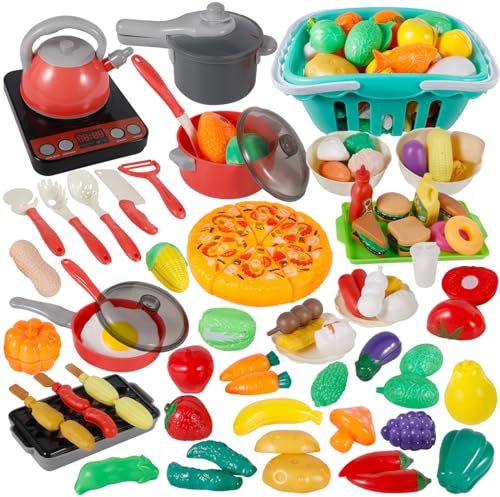MQVXT Set Accessori Cucina per Bambini - 108 Pezzi con Fornello a Induzione, Taglio Cibo Verdura, Giocattoli da Cucina - Giochi di Ruolo 3+ Anni