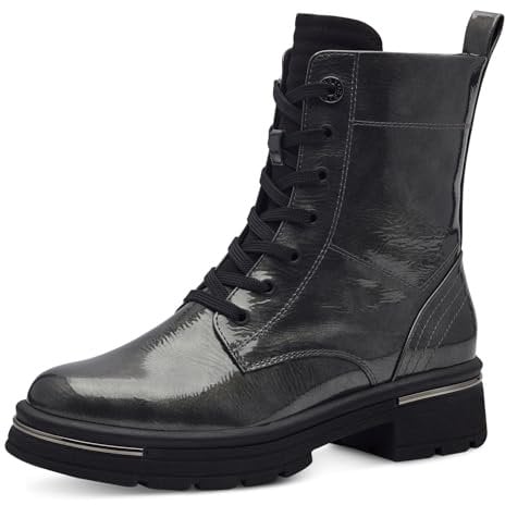 MARCO TOZZI Damen Stiefeletten zum Schnüren mit Blockabsatz mit Reißverschluss, Grau (Dk.Grey Patent), 42 EU