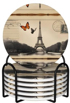 6 dessous de verre ronds en céramique vintage Paris Tour Eiffel Papillons Imprimés : dessous en liège antidérapant Compatible avec toutes les tasses à café et tasses de sport