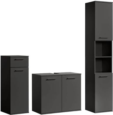 mokebo® Badmöbel Set 3-teilig aus Holz 'Der Steuermann', Badezimmer Set oder Komplettset mit Unterschrank, Beistellschrank & Hochschrank, Badezimmerschränke oder Badmöbel Garnitur in Anthrazit-Schwarz
