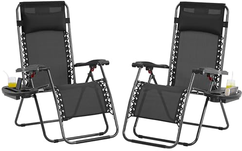 Yaheetech Zero Gravity Chairs Outdoor Adjustable Folding Sunloungers Lounge Recliners w/Pillows, Cup Holder and Carry Strap for Patio Porch Deck Black Set of 2