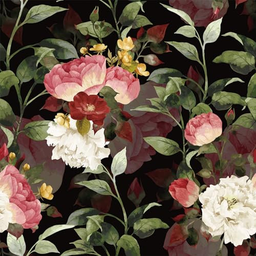 VEELIKE Dark Floral Wallpaper Vintage Watercolor Rose Flower Wallpaper Peel and Stick Black Botanical Wall Paper for Bedroom Bathroom Living Room Wall Mural Contact Paper Removable 44.5cm×300cm