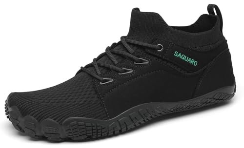 SAGUARO Unisex Barfußschuhe für Herren Damen Fitnessschuhe Atmungsaktiv rutschfest Traillaufschuhe Mid Top Zehenschuhe mit Breite Zehenbox Schwarz 47 EU