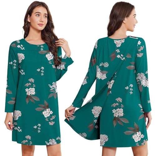Deyeek Hospital Gowns for Women Tear Away Snap Long Sleeve Open Back Dress Nursing Gowns Post Shoulder Surgery Dress, Green Print, L