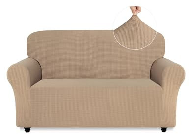 Easy-Going Stretch Sofa Überzug 2 Sitzer, Rutschfester Sofabezug für Hund Katze, Stilvoller Jacquard Couch Überzug Bezug, Weicher Küchensofa Couch Cover, 1 Stück Sofaschoner mit Armlehnen, Kamel