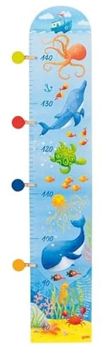 goki 60665 - Messlatte Herr Wal und das Meer aus Holz, 90-140cm für Kinder inkl. 4 bunten Klammern, Meeresmotive und Ozeantiere – Wachstumsmesser, 5er Set, ab 1 Jahr