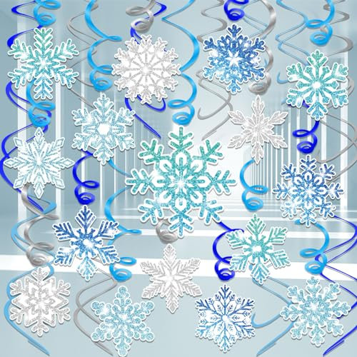 HOWAF Snowflake Decorations Hanging Swirls, 30pcs Snowflake Silver Blue Foil Ceiling Christmas Ceiling Decorations Indoor for Xmas Frozen New Year Party Decorations Supplies Christmas Decorations