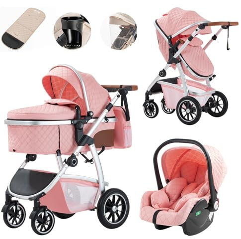 Lnhcrbs Passeggino 3 in 1 con Seggiolino Auto, Passeggino Leggero con Maniglia di Spinta Regolabile in Altezza, Carrozzina Reversibile Rivestita con Zanzariera, Sacca per La Mamma e Portabottiglie
