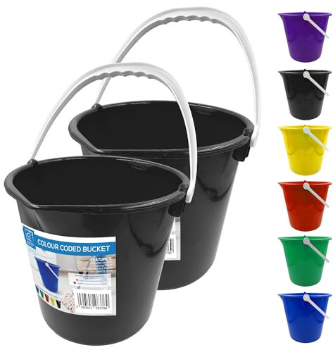 Colour Coded Plastic Bucket with Handle, 2 Gallon (7.5L) Household Heavy Duty Bucket with Spout and Easy-Grip Handle, Multipurpose Water Pail for Cleaning, Bath, and Gardening (Black Pack of 2)