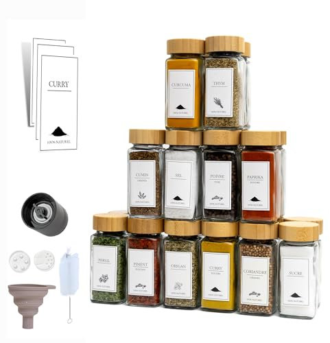 comforder Pots à Épices Carrés (24 pièces) avec Bouchons Verseurs et Étiquettes + Entonnoir, Pot en Verre avec Couvercle en Bambou, 120 ml