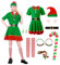 Angenster Weihnachtself Kostüm Set, 14 Stück Weihnachtskostüm Elfen Kostüm Wichtel Kostüm Weihnachts Outfits mit Hut Gürtel Ear Krücken Armband Halskette, Weihnachts Kostüm für Familie (Damen, L)