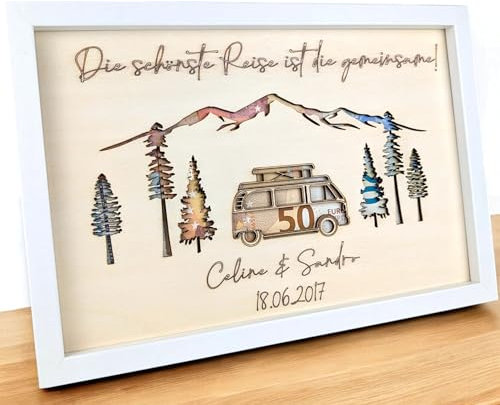 Geldgeschenk Hochzeit Geburtstag Weihnachten- Personalisierte Holz Camper - Einzigartiges dekoratives Hochzeitsgeschenk für Brautpaar - Spruch, Namen, Datum auswählbar - Bilderrahmen