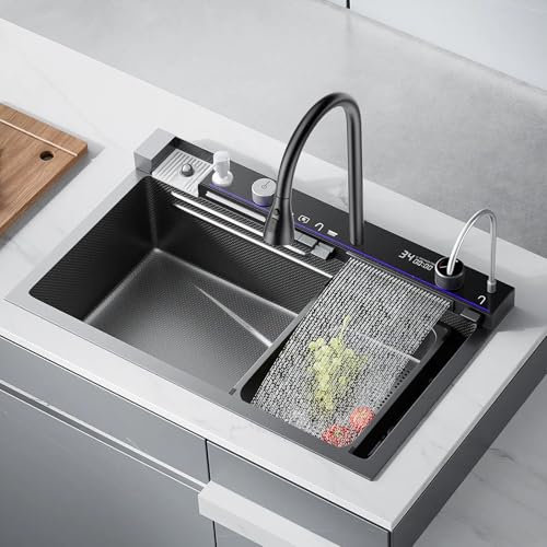 Harnart Noir Évier de Cuisine en Acier Inoxydable 304 avec Robinet Extractible Grand Évier Simple Affichage Numérique Intégré Lave Tasses Distributeur de Savon Robinetterie(75 * 45 * 21 cm)