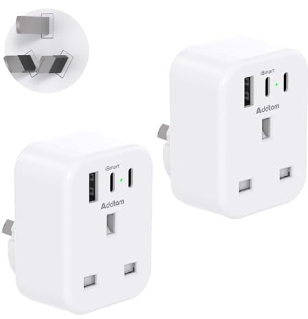 [2 Pack] UK to Australia Plug Adapter, Australian China Travel Adapter with 3 USB Ports(2 USB C), 4 in 1 Australian plug adaptor for UK to Chinese New Zealand Fiji Argentina etc (Type I)