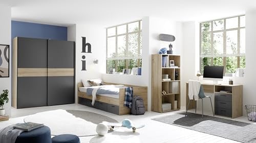 Jugendzimmer Liam in Artisan Eiche und Graphit 4 teiliges Kinderzimmer Komplett Set mit Schwebetürenschrank, inklusive Türdämpfung, Jugendbett, Schreibtisch und Standregal