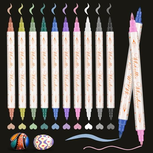 Metallic Marker Stifte,10 Dual Tip Metallic Acrylstifte Wasserfest,Metallischen Marker Set für Gästebuch, DIY Scrapbook,Goldstift für Holz,Glas,Steine,Keramik,Papier,Kunsthandwerk