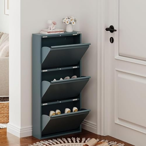 VEEHAUS Schuhregal, schmal, hoch, Schuhschrank, mit magnetischem Deckel, Wandmontage, aus Metall (Grau Blau, 3 Klappen)