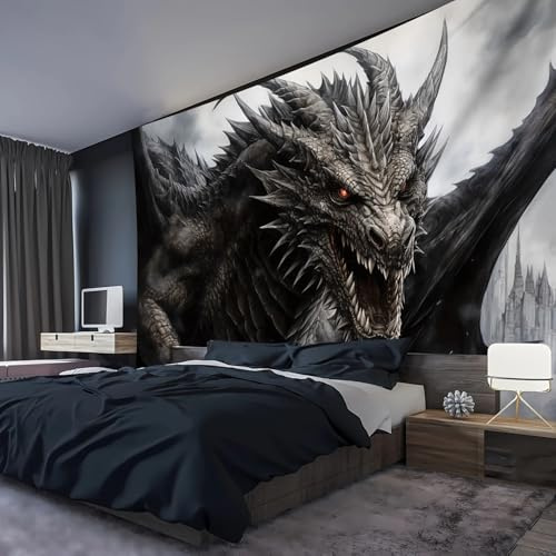 Arsey Wandteppich Drachen mit Feurigen Augen, Fantasy Gothic Tier Wandteppiche Aesthetic Spirituell Tapestry Wandtuch für Schlafzimmer Wohnzimmer BüRo Party, Grau-Schwarz 320x240cm