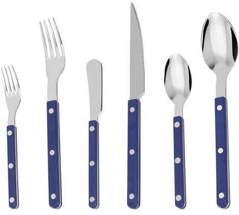6Pcs Stainless Steel Flatware Set Rivets Silverware Utensils Cutlery Set with Steak Knife Fork and Spoon Mirror Polished for Home Kitchen(Blue)