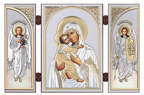 NKlaus Triptychon aus Holz – Gottesmutter von Wladimir, 13x8x0,6cm, 1 Stück | Christliche Ikone als Reisealtar; mit Erzengel Gabriel und Michael, goldener Prägung und Lackschicht