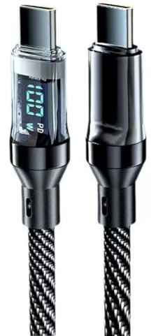 USB Type-C Cable with LED Display, Intelligent Power Regulation, Braided Nylon, Digital Power Meter, Black