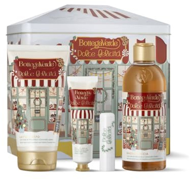 Bottega Verde - Cofanetto Regalo Dolce Felicità, con Bagnodoccia 250 ml, Latte Corpo 150 ml, Crema Mani 30 ml, Balsamo Labbra, Fragranze di Nocciola e Caramello Salato
