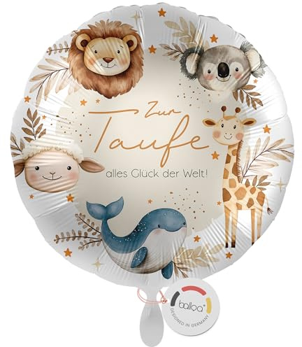 balloa Folienballon XXL Zur Taufe mit Tieren Löwe Giraffe, Taufdeko, 53 cm | Tierdesign mit Löwe, Koala, Giraffe und Wal, runde Form, XXL, heliumgeeignet, ungefüllt, festliche Deko zur Tauffeier