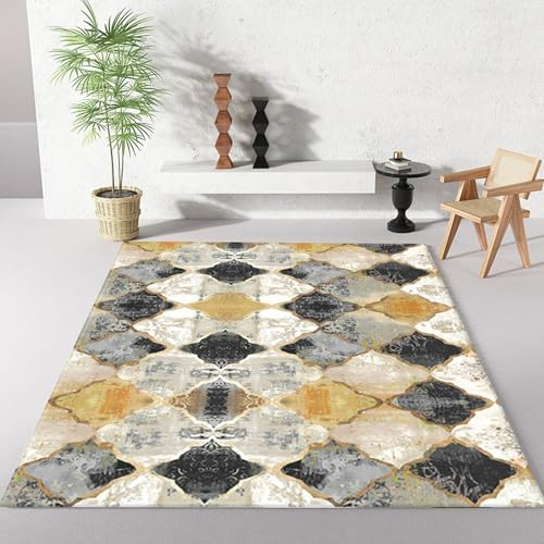 Waschbarer Teppich,Neutral Grau Beige Orange Weiß geometrisch Shabby Chic,schwarz,80 x 150 cm, Kurzflor Teppiche Maschinenwäsche für Flur Küche Sofatisch Wohnzimmer Schlafzimmer,