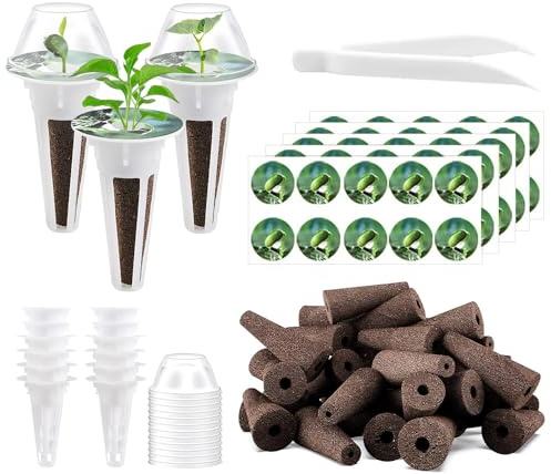 Hojalis 125 Stück Wachstumsschwämme, Hydroponisches Anzuchtsystem Zubehör mit 50stk Ersatz-Zuchtschwämme, Hydroponics Garten Zubehör mit 50 Etiketten,12 Isolierenden Deckeln,12 Pflanzenkorb,1 Pinzette