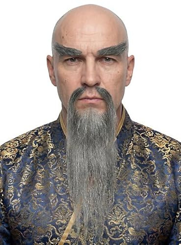 Konfuzius Bartset - professionelle Bart-Kombination - Kinnbart, Schnurrbart & Augenbrauen mit Echthaaranteil inkl. Hautkleber - weiß