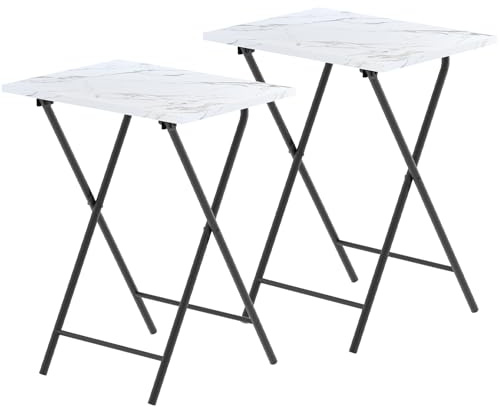 Folding TV Tray Table Set of 2, Portable Foldable TV Dinner Tray, Space-Saving Snack Serving Sofa Side Table, Easy to Fold Stable TV Trays for Living Room, Bedroom, Small Spaces (White Marble + Black)