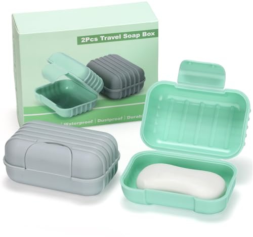 Alyvisun 2 Stück Seifendose Reise mit Deckel, tragbare Seifenschale, Seifendose mit erhöhtem Boden, wasserdicht & auslaufsicher für Dusche, Reise & Outdoor (Grün + Grau)