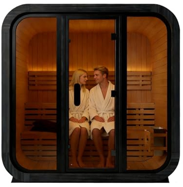 Amocane Outdoor Steam Sauna 4-6 Person, Canadian Wooden Sauna Spa with 6KW Harvia Sauna Heater, Traditional Backyard Cube Sauna with 8mm Tempered Brown Glass, 0-195℉ (Hemlock)