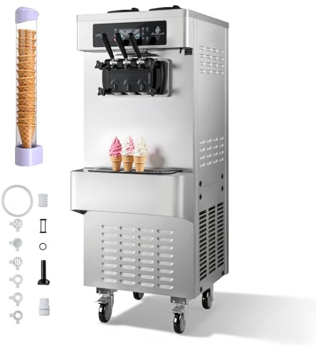 VEVOR Commercial Ice Cream Machine, 20-28L/H Yield, 2200W 3-Flavor Freestanding Soft Serve Ice Cream Maker with 2 x 6L Hoppers & Built-In Puffing Pump, Pre-Cooling Low-Mix Alert for Snack Dessert Shop