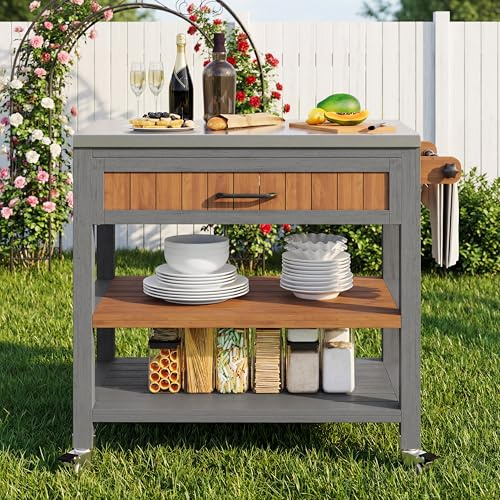 Merax Gartenschrank Holz Outdoor mit Edelstahl-Arbeitsplatte & Rollen – Mobiler Werkzeugschrank, Grillstation, wetterfestes Sideboard mit Schublade, Doppelregal & Handtuchhalter
