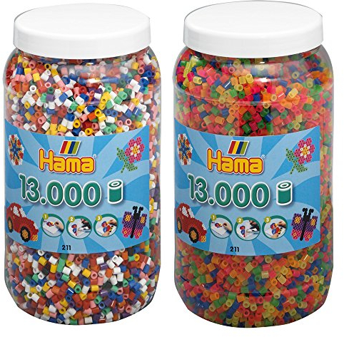 Hama Bügelperlen 2-tlg Set Perlendose 211-00 Vollton + 211-51 Neon je mit 13000 Perlen = 26000 Perlen