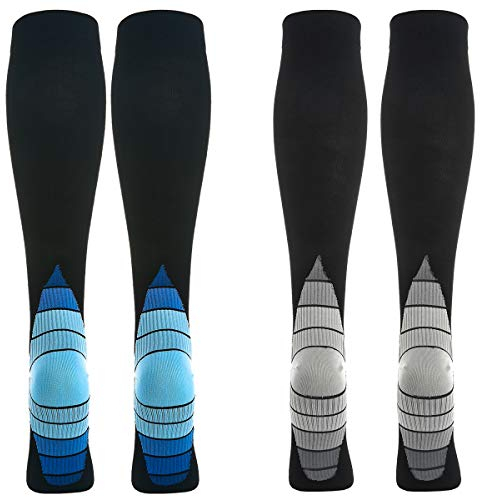 2 Paar Kompressionsstrümpfe Kniestrümpfe Stützstrümpfe Laufsocken für Damen & Herren, Sport, Laufen, Flug, Reisen, Schwangerschaft, Medizinische Kompressionssocken (EU 43-46, Blau+Grau - 2 Pairs)