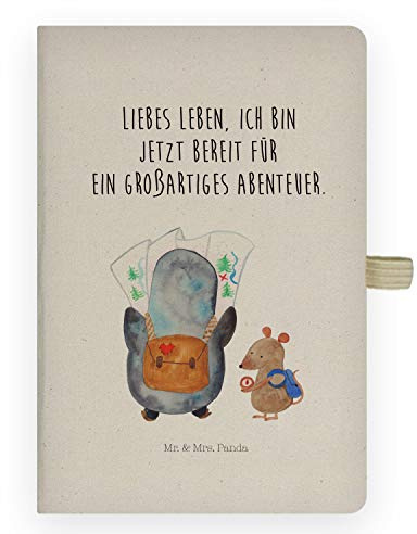 Mr. & Mrs. Panda DIN A4 Baumwoll Notizbuch Pinguin & Maus Wanderer - Geschenk, Notizen, Abenteurer, Skizzenbuch, Journal, Roadtrip, wandern,