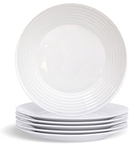 Plato Postre Blanco Vajilla Elegante, Ideal para el menaje del Hogar, Set de 6. Diseño de Lineas Onduladas Muy Original 19 cm