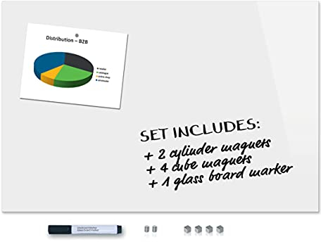 Be!Board SY489 Große Glas-Magnettafel / Whiteboard rein-weiß 90 x 60 cm + 6 Magnete + 1 schwarzer Stift